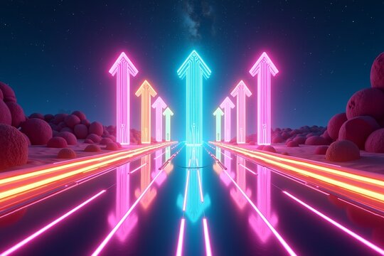 Neon arrows glow on futuristic road under starry sky, vibrant pink and blue lights guide journey through surreal desert landscape.