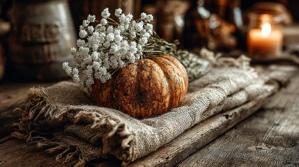 Small pumpkin with white flowers on a linen cloth with candle in background.