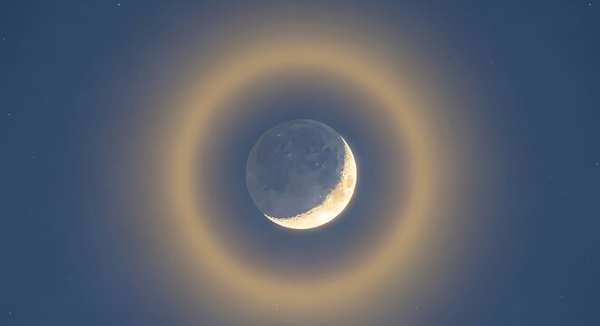 Moon halo in the night sky with a bright ring around the moon