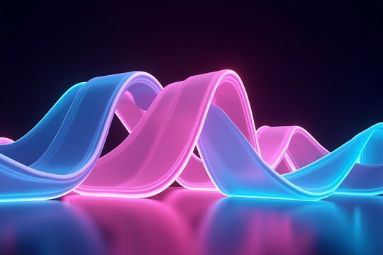 Neon blue and pink glowing waves flow elegantly against dark background, reflecting vibrant colors on glossy surface.