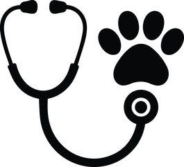 Veterinary Care Logo with Stethoscope and Paw Print – Minimalist Pet Health and Animal Clinic Vector Illustration