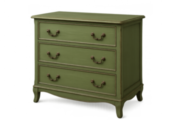 Vintage green chest of drawers with three drawers and decorative handles, classic antique wooden furniture piece