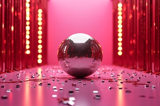 Shiny disco ball on pink floor, surrounded by glitter, against vibrant red curtain backdrop with warm glowing lights. - Powered by Adobe
