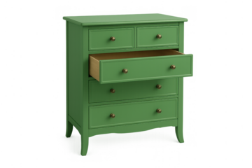 Green wooden chest of drawers with an open drawer, offering home storage and organization on transparent background