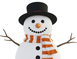 Snowman wearing a top hat and striped scarf, on a transparent background, PNG image file