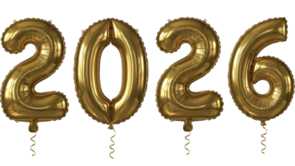 Golden shiny 2026 balloons on a transparent background PNG image New Year celebration PNG file