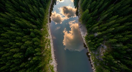 Aerial view of a river surrounded by a dense forest and cloudy sky