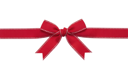 Vibrant red decorative ribbon bow with white dashed stitching on a transparent background, PNG image, perfect for gift wrapping or festive celebration