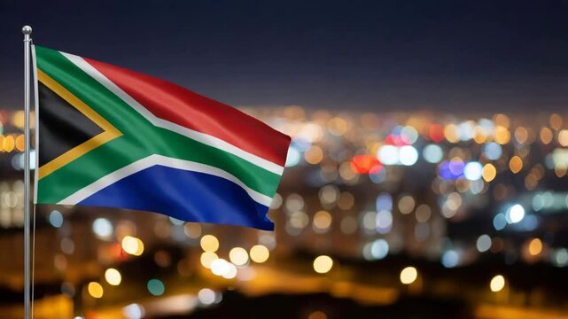 South africa flag waving at night over city lights. Bokeh blur background for nation celebration video. Patriotism concept.