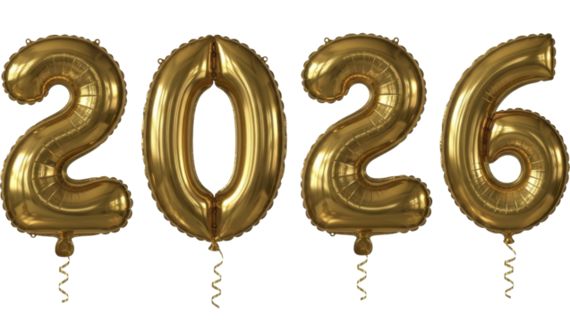 Golden shiny 2026 balloons on a transparent background PNG image New Year celebration PNG file