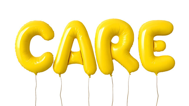 Bright yellow inflatable balloons spelling out the word care against a stark black background symbolizing support and kindness