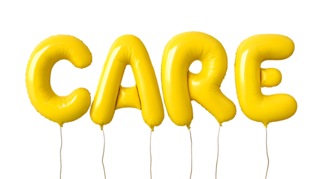 Bright yellow inflatable balloons spelling out the word care against a stark black background symbolizing support and kindness
