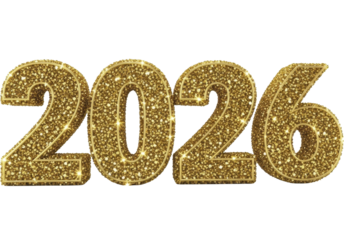 Sparkling golden 2026 numbers with glitter texture and metallic outline PNG image