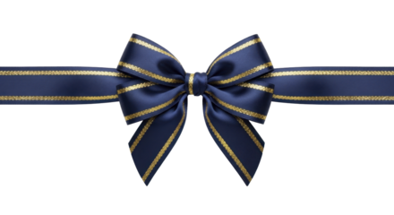  Elegant navy blue satin gift ribbon bow with gold stripes on a transparent background PNG image PNG file