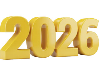 Shiny yellow 2026 numbers on a transparent background PNG image for new year celebration or future event planning