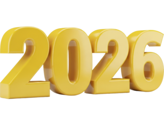 Shiny yellow 2026 numbers on a transparent background PNG image for new year celebration or future event planning