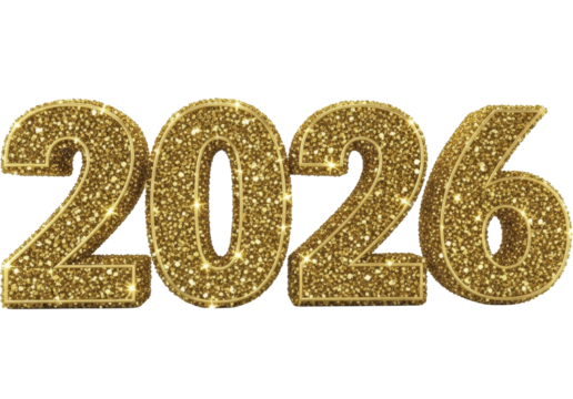 Sparkling golden 2026 numbers with glitter texture and metallic outline PNG image