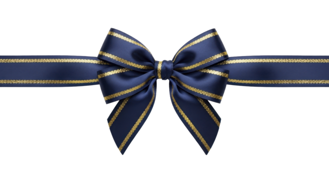  Elegant navy blue satin gift ribbon bow with gold stripes on a transparent background PNG image PNG file