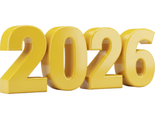 Shiny yellow 2026 numbers on a transparent background PNG image for new year celebration or future event planning
