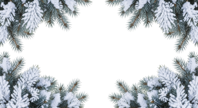  Snow covered spruce branches frame on a transparent background, PNG image. Winter tree border, frosty pine needles.