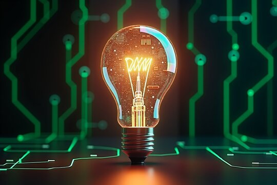 Glowing light bulb embedded with circuitry, surrounded by green digital pathwayssymbolizing innovation and technology fusion.