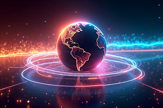 Neon Earth surrounded by glowing rings, cosmic sparkles, vibrant colors, futuristic digital globe on dark background.