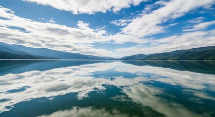 Calm lake reflecting the sky and mountains in a serene landscape view