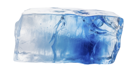Large blue and clear natural ice block with cracks and bubbles, on a transparent background PNG image