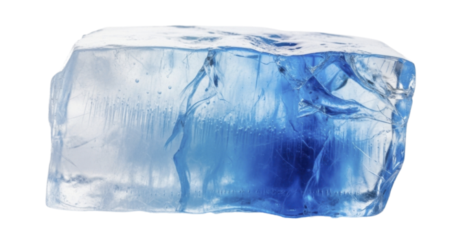Large blue and clear natural ice block with cracks and bubbles, on a transparent background PNG image