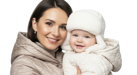 Smiling mother holding her happy baby wearing winter clothes and a furry hat on a transparent background PNG image