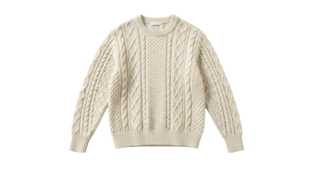  Cream cable knit sweater on a transparent background, off-white wool pullover PNG image, PNG file.