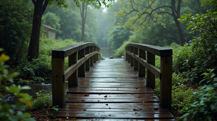 Serene wooden bridge arches over a tranquil stream amidst lush green forest during a gentle rain shower, evoking peaceful solitude and natural beauty.