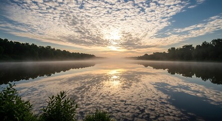 Foggy lake at sunrise with reflections of clouds and trees in water
