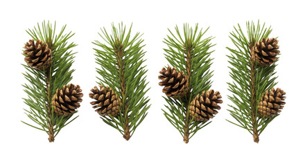 Four green pine tree branches with two brown pinecones each on a transparent background PNG image