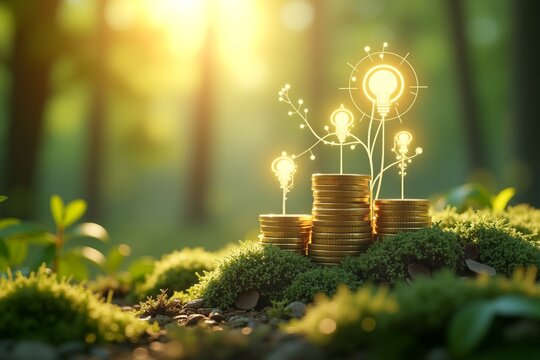 Golden coins grow in forest, sunlight beams through trees. Mossy ground, glowing orbs abovenature meets wealth, serene and magical.