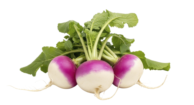Group of three fresh vibrant purple and white turnips with green leaves on a transparent background PNG image