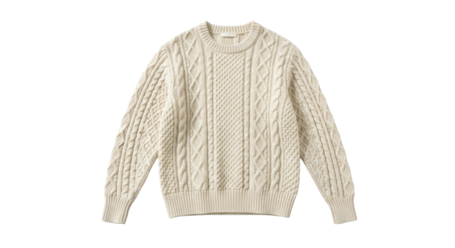  Cream cable knit sweater on a transparent background, off-white wool pullover PNG image, PNG file.