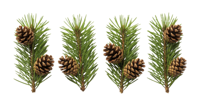 Four green pine tree branches with two brown pinecones each on a transparent background PNG image