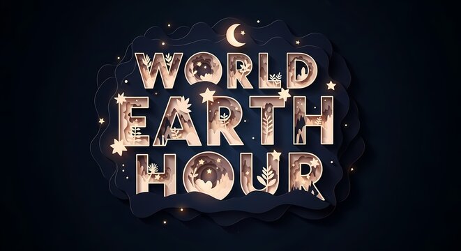 World earth hour celebration with glowing text and nature imagery concept