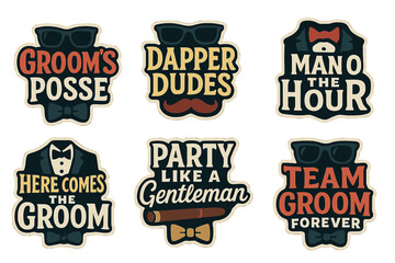 Bachelor party silhouette icons set. featuring groom's posse, dapper dudes, man of the hour, here comes the groom