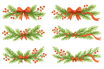 Christmas decor linear icon set. includes garland, ribbon, bow, berries, pine, and festive decorations