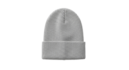  Light grey knitted beanie hat with ribbed texture on a transparent background PNG image for winter apparel
