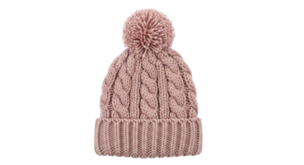  Muted Pink Cable Knit Winter Hat with Pompom on a Transparent Background PNG image