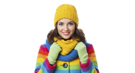 Smiling young woman in bright yellow beanie and rainbow coat on a transparent background, PNG image, PNG file