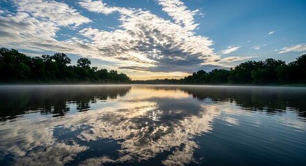 Clouds reflecting on a calm lake surrounded by lush green trees at dawn
