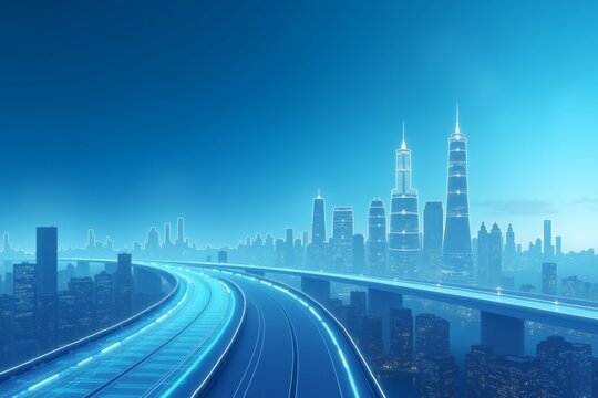 Futuristic city skyline glowing blue, illuminated highways radiating light forward into digital future.