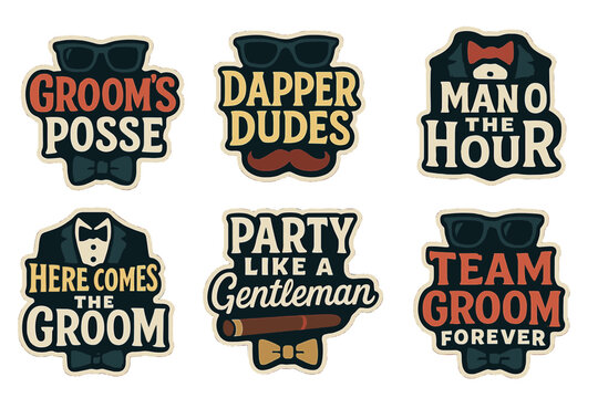 Bachelor party silhouette icons set. featuring groom's posse, dapper dudes, man of the hour, here comes the groom