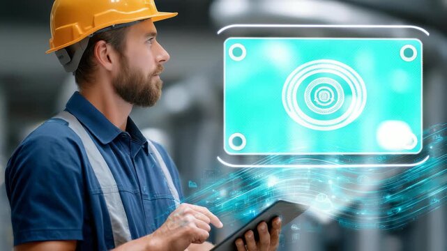 A professional engineer interacts with a digital tablet displaying virtual data streams in a factory environment. Advanced technology and innovation drive efficiency in industrial operations