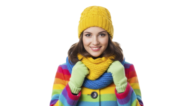 Smiling young woman in bright yellow beanie and rainbow coat on a transparent background, PNG image, PNG file - Powered by Adobe