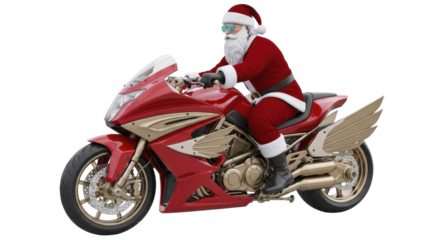 Santa Claus riding a red and gold sporty motorcycle, on a transparent background PNG file